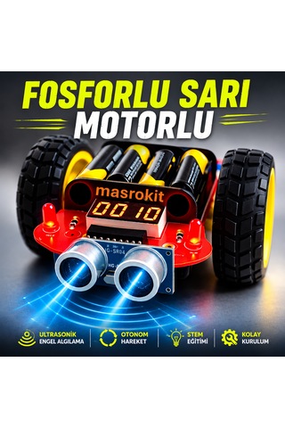 Masrokit U2l-7717 Ultrasonik Sensörlü Engelden Kaçan Robot Eğitim Kiti Fosforlu Sarı Motorlu