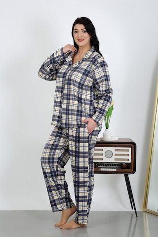 Akbeniz Kadın Büyük Beden Pamuklu Cepli Düğmeli Lacivert Pijama Takım 202504 Lacivert