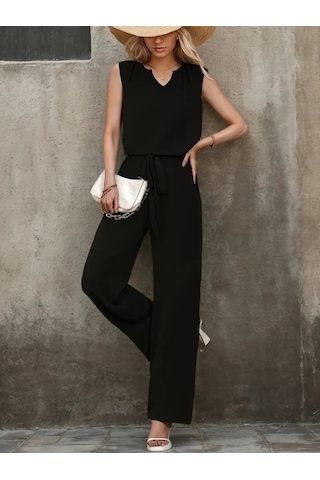 Simala Kadın Kolsuz V Yakalı Aerobin Bluz Ve Belden Kuşaklı Pantolon Ikili Takım Siyah