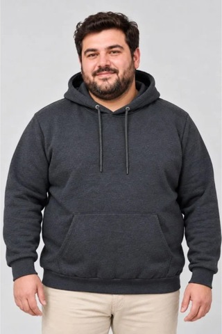 Butik İstanbul Erkek Battal Büyük Beden Üç İplik İçi Şardonlu Kapüşonlu Kanguru Cepli Kışlık Sweatshirt - Füme