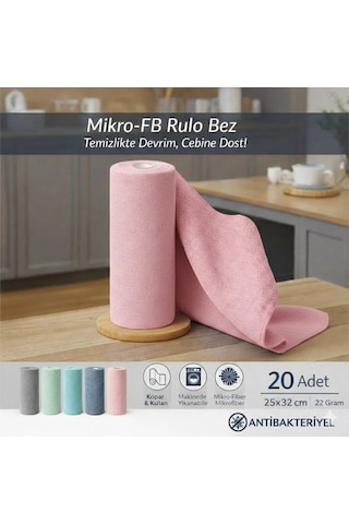Fb Cup 20'li Rulo Mikro-fb Çok Amaçlı %100 Mikrofiber Temizlik Bezi 25x32 Kopart Kullan Pudra Pembesi Pembe