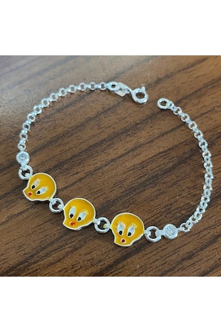 Sarı Kuş Taşlı Çocuk Gümüş Bileklik Bebek Künyesi Csb14