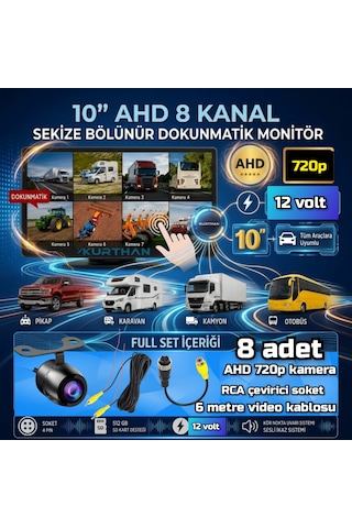 8 Adet Ledsiz Ahd 720p Kelebek Kamera 8 Ch 10 İnç Dokunmatik Ekran 512 Gb Dvr Adas Bsd 12 Volt