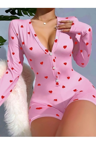 İkikareshop Kadın Pembe Kalp Desenli Pijama Tulumu 5121 Çok Renkli