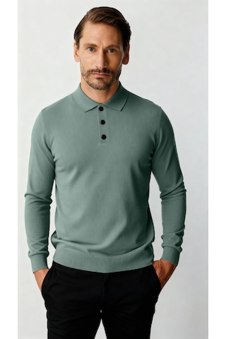İgs Mint Yeşili Standart Fit Dar Kalıp Polo Yaka Düz Uzun Kollu Triko-21899 Mint Yeşili