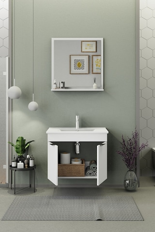 Biani Fix Arya 75 Cm Banyo Dolabı,Seramik Lavabolu, Aynalı,Lavabo Dahil,Mdf,Mat Beyaz
