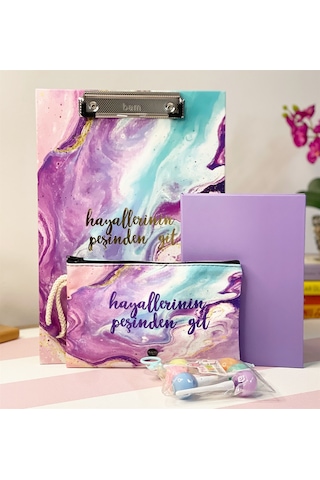 Hayallerinin Peşinden Git Tasarımlı Sekreterlik Kalemlik Mor Renk Lastikli Defter Ve Lolipop Kalem