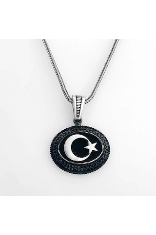 925 Ayar Gümüş Siyah Taşlı Ayyıldız Erkek Kolye Gümüş