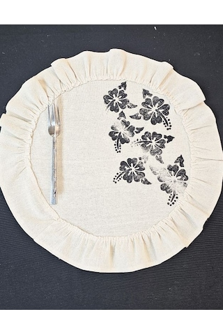 %100 Pamuklu Ham Keten Pamuk Fırfırlı Çiçek Taş Baskı 6' Lı Amerikan Servisi Supla Yuvarlak 45cm Naturel