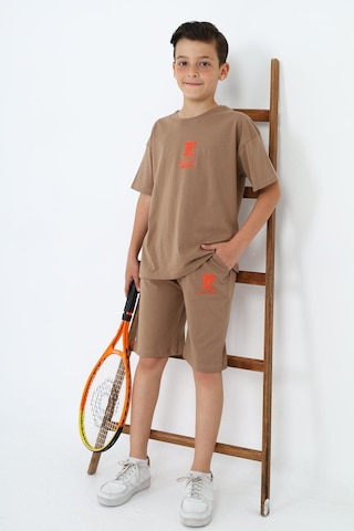 Erkek Çocuk Baskılı Kısa Kollu Şortlu Takım-5858-Kahverengi