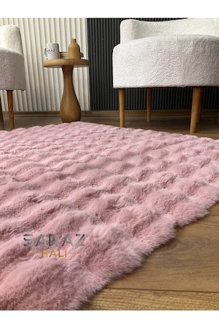 Saraz Halı Bubble Tavşan Post Yumuşacık Tavşan Tüyü Kaymaz Yıkanabilir Pembe Pembe