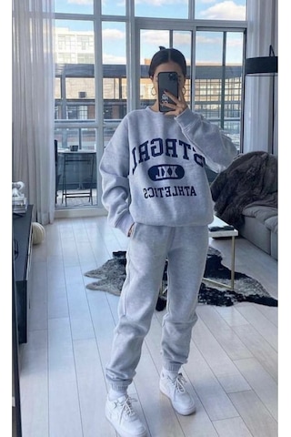 Strgrl Athletics Eşofman Takımı Sweatshirt Jogger - Gri Baskılı Oversize Şardonlu Bisiklet Yaka Gri