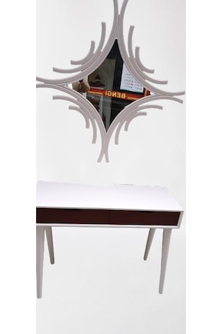 Dresuar Ahşap Kayın Retro Ayak Çift Çekmece CNC Ayna Beyaz Ceviz El Yapımı Beyaz - Ceviz