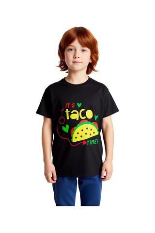 Paybuy Çocuk Tişört Taco Zamanı Baskılı Renkli Grafik Desenli Kısa Kollu Siyah