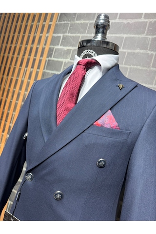 Dupont Classics Dupont Erkek Slim Fit 6 Drop Çizgili Kruvaze Viskon Çift Yırtmaç Takım Elbise Lacivert
