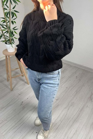 Explode - Kadın Siyah Yarım Boğazlı Örgülü Oversize Triko Kazak Siyah