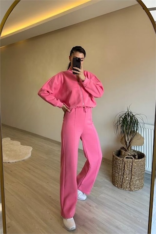 Neşeli Butik Kadın Fermuarlı Oversize Sweat Ve Yüksek Bel Eşofman Takımı Nm018 Pembe