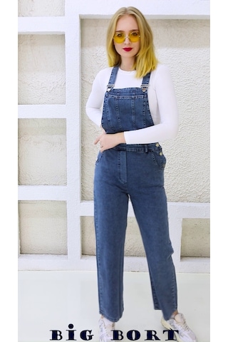 Yandan Düğmeli Enzim Kot Kumaş Salopet & Tulum Mavi