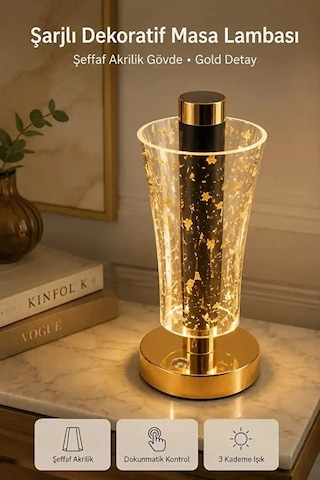 Dokunmatik Led Masa Lambası Şeffaf Akrilik Gövdeli Gold Detaylı Şarjlı Dokunmatik Led Masa Lambası 3
