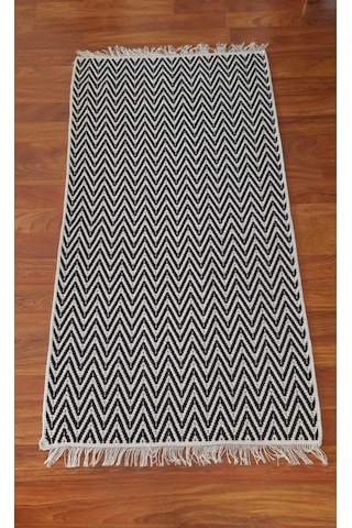 Pamuklu Cotton Kilim Çift Taraflı Yıkanabilir Dekoratif 80x150 - Siyah Beyaz V1 Siyah - Beyaz
