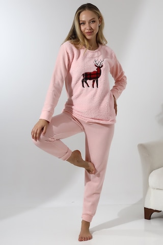 Wordex Fawn 5016 Peluş Welsoft Polar Kışlık Yumoş Geyikli Kadın Pijama Takımı - Pembe