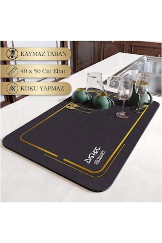 Premium Dekoratif Bulaşık Kurutma Matı 50x40 Cm Süper Emici, Kaydırmaz Kauçuk Tabanlı Ve Tezgah Koruyucu Altlık siyah