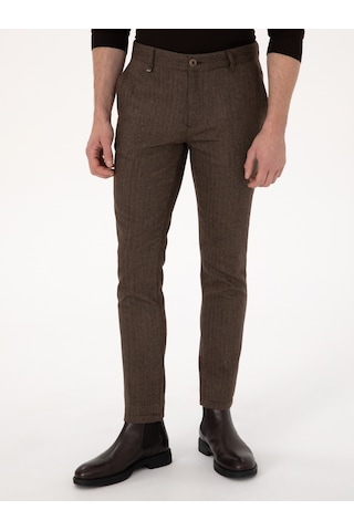 Cacharel Kahverengi Slim Fit Yün Karışımlı Balık Sırtı Kanvas Pantolon