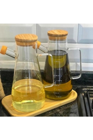 Yağdanlık Cam Şişe 900 Ml Bambu Vakumlu Kapak Ahşap Stantlı İkili