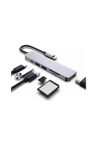 Hb-02 7in1 Hdmi Usb C Type C Hafıza Kartı Micro Kart Okuyucu Hub 4k A Kalite Metal