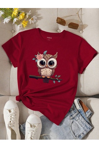 Flood Of Style Kadın Bordo Baykuş Baskılı Oversize