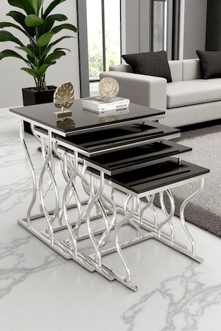 Limbo 4'lü Kare Zigon Sehpa Seti Gold Ayak, Krem Mdf Siyah-krom