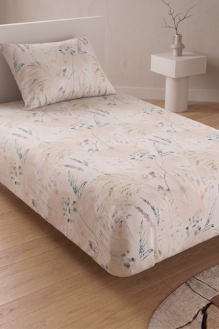 Makiteks %100 Pamuklu Çiçekli 120x200 Tek Kişilik Lastikli Çarşaf Bohem Tarz Doğal Bitki Desenli Krem