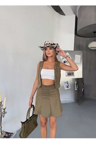 Kadın Suni Süet A Kesim Esnek Mini Etek Haki