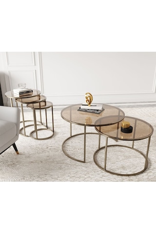 Dekoport Milas Prinç Eskitme Rengi Orta Ve Zigon Sehpa Seti - Bronz Cam Eskitme