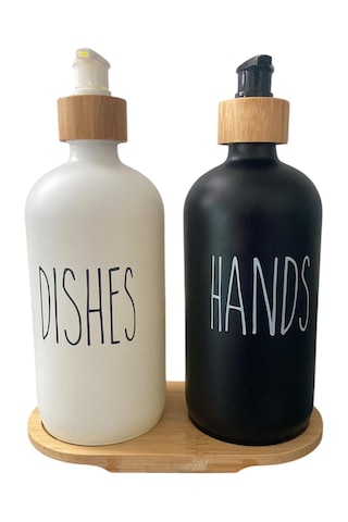 2 Li Siyah-beyaz Mutfak Sıvı Sabunluk Seti 500ml Bambu Tepsili