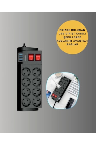 Buğz Isıya Dayanıklı Termal Akım Korumalı 8'li Priz Ve 3 Usb Girişli Uzatma Kablosu