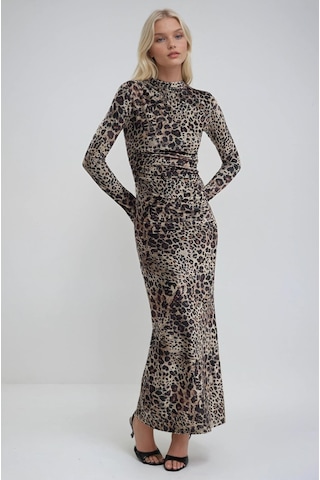 Lijuri Leopar Desenli Uzun Kadife Elbise 2989 Leopar