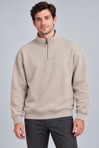 Suma Erkek Üç İplik İçi Şardonlu Dik Yaka Yarım Fermuarlı Kışlık Sweatshirt - Bej