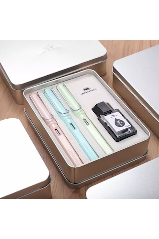 Jinhao Dolma Kalem Seti Hediyelik Üç Kalem+Mürekkep Metal Kutuda