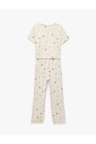 Koton Rahat Kalıp Bisiklet Yaka Kısa Kollu Baskılı Pijama Takımı Bej Desenli 7wlk40109mk