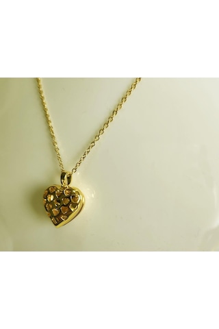 Uzel Çelik Sarı Gold Açılır Kapanır Taşlı Kalp Kolye Sarı