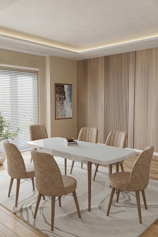 Toce Home Leva 80x130 Açılabilir Beyaz Masa Yemek Odası Takımı Mutfak Takımı 6 Adet Sandalye-cappicino Bej