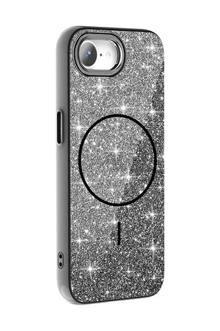 Apple Uyumlu iPhone 17e / Apple Uyumlu iPhone 16e Kılıf M-safe Şarj Özellikli Parlayan Simli Okso Kılıf Siyah