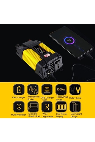 Dancemonkey 500w Araba Güç İnvertörü, Led Dijital Ekranlı 12v-220v Ac