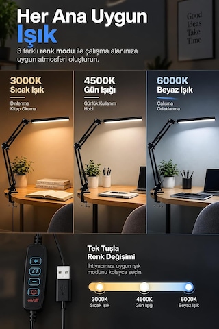 Tr 80 Led Uzun Kollu Kelepçeli Masa Lambası - 3 Renk 10 Kademe Parlaklık, 360 Ayarlanabilir Başlık, Usb Mimar Ça