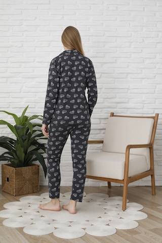 Fames Pijama Uzunkol Düğmeli Penye Pijama Takimi Kalpli Beyaz
