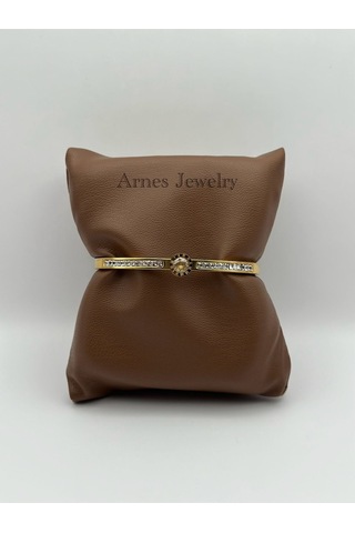 Arnes Jewelry Çelik Gold Zirkon Taşlı Kelepçe Bileklik Ar15 Gold