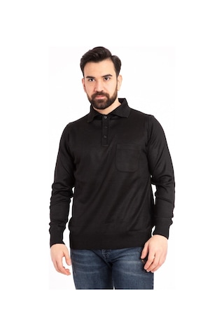 Nacar Store Erkek Siyah İnce Yün Triko Örgü Polo Yaka Baba Kazak