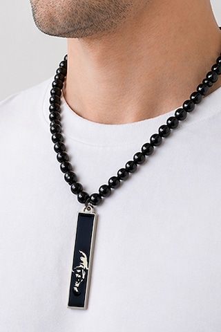 Atatürk Silüetli Siyah Mineli Dikdörtgen Kolye Atatürk İmza - Unisex Özel Tasarım Kolye 01 - Siyah
