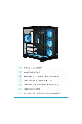 Aerstone Neon i5-225F 16 GB 1 TB SSD RTX 5060TI Free Dos Masaüstü Bilgisayar
